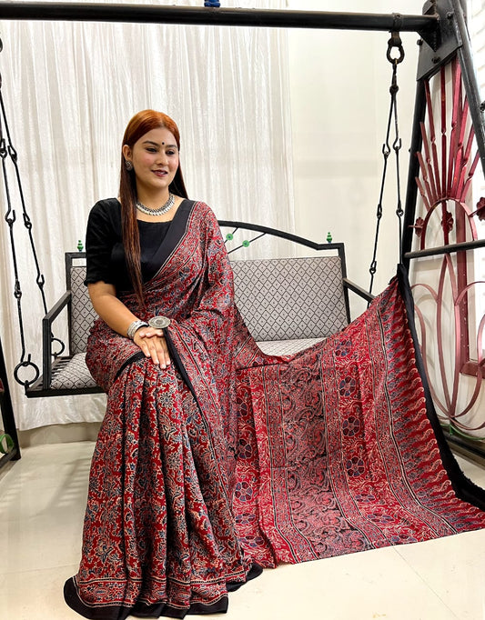 Red Ajrakh Pure Modal Silk Saree