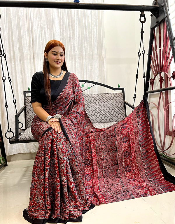 Red Ajrakh Pure Modal Silk Saree