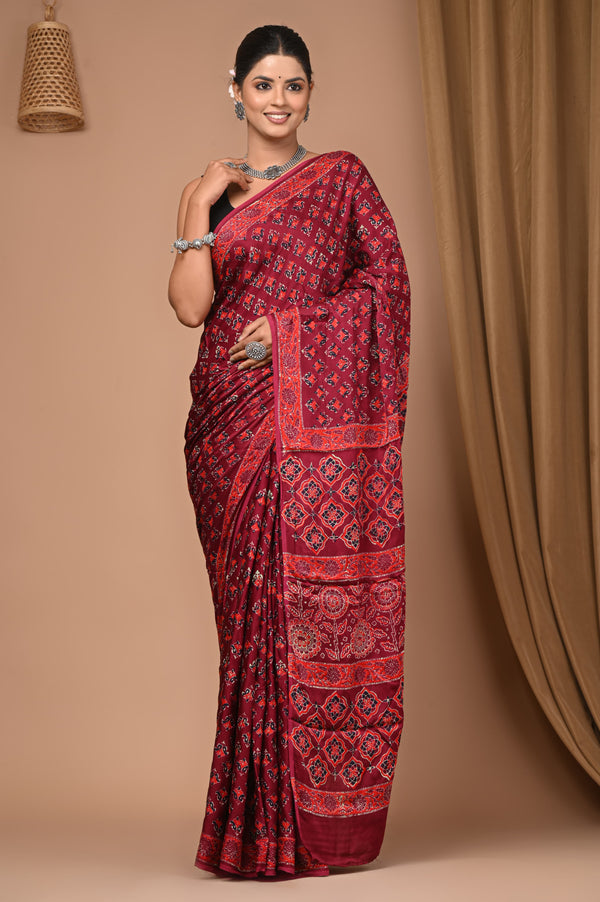 Wine Pure Modal Silk Bagru Print Saree