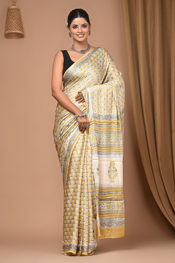 Mustard Pure Modal Silk Bagru Print Saree