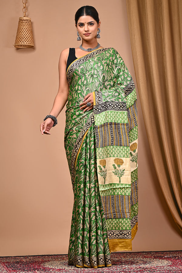 Green Pure Modal Silk Bagru Print Saree