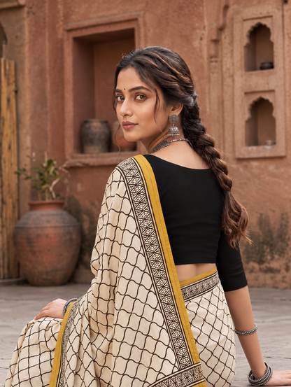 Mustard Handblock Mull Cotton Saree
