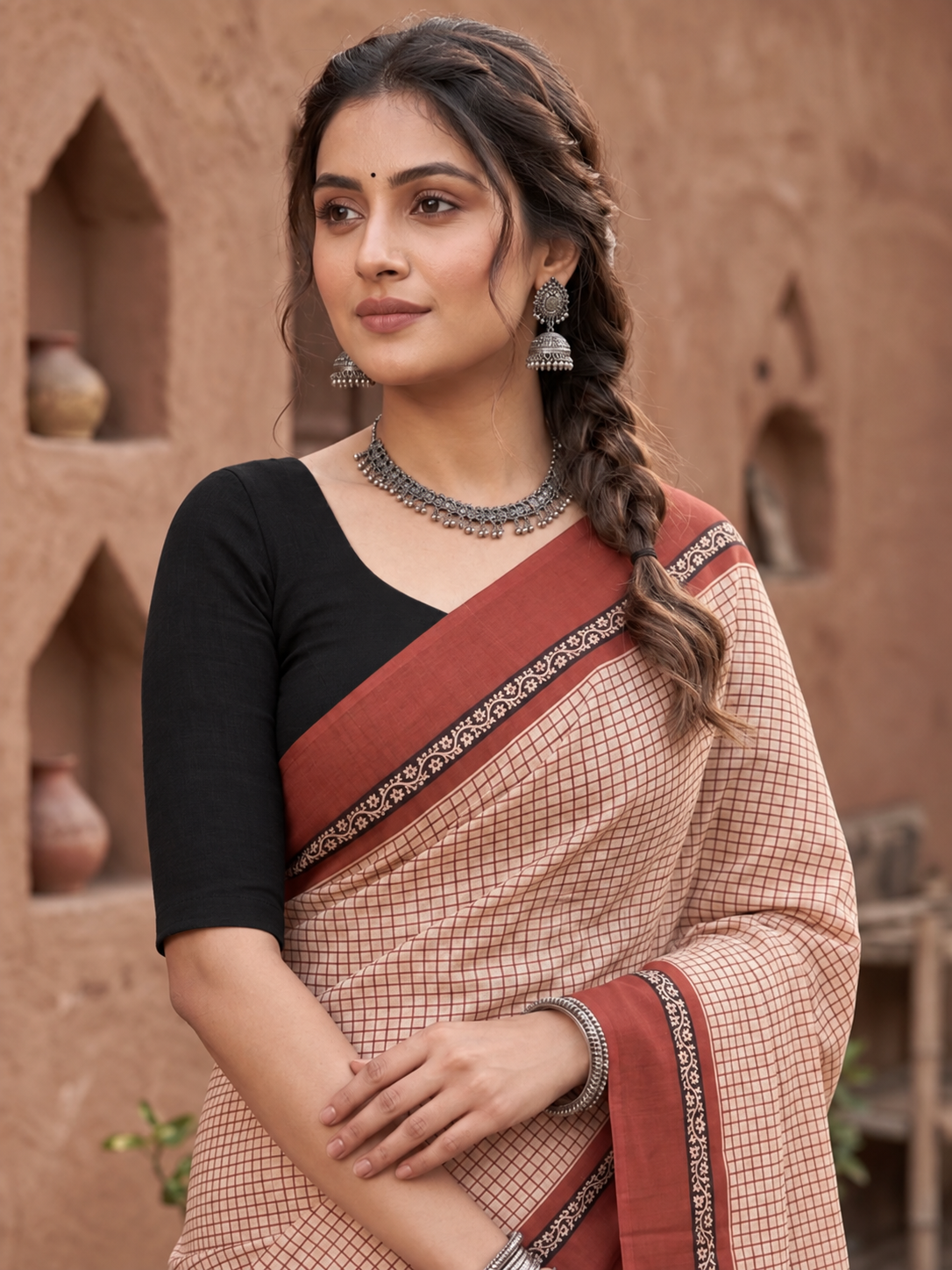 Rust Red Handblock Mull Cotton Saree
