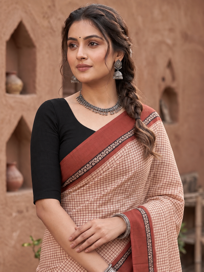 Rust Red Handblock Mull Cotton Saree