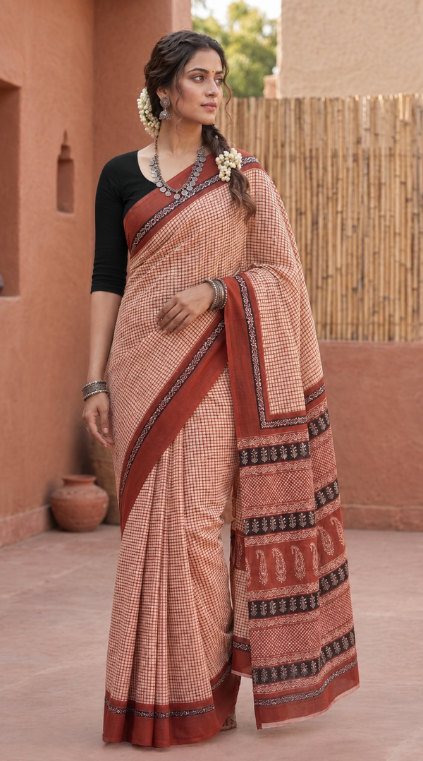 Rust Red Handblock Mull Cotton Saree