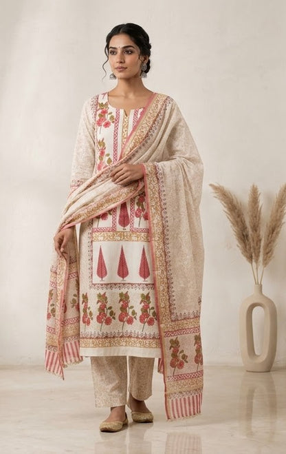 Handblock Print Cream Red Floral Cotton Dress Materials