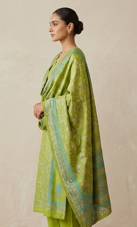 Handblock Print Olive Green Cotton/Silk Dress Materials