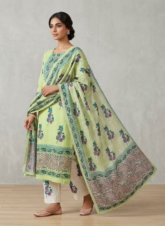 Handblock Print Pista Green Floral Cotton Dress Materials
