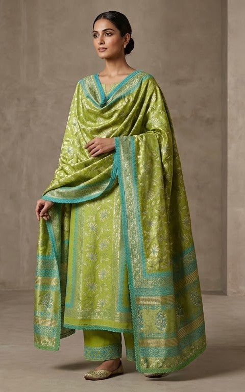 Handblock Print Olive Green Cotton/Silk Dress Materials