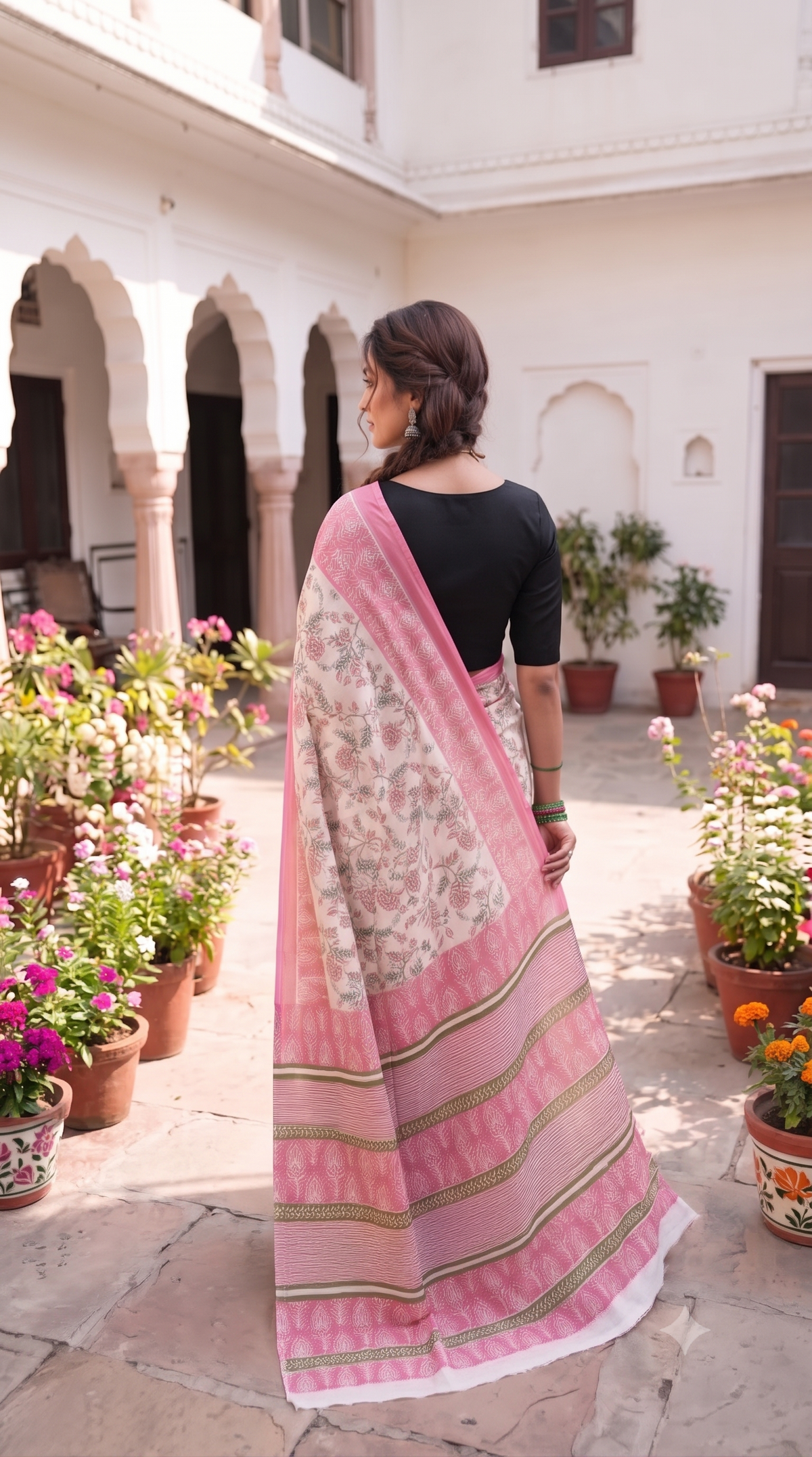 Pink Green Handblock Mull Cotton Saree
