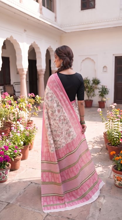 Pink Green Handblock Mull Cotton Saree