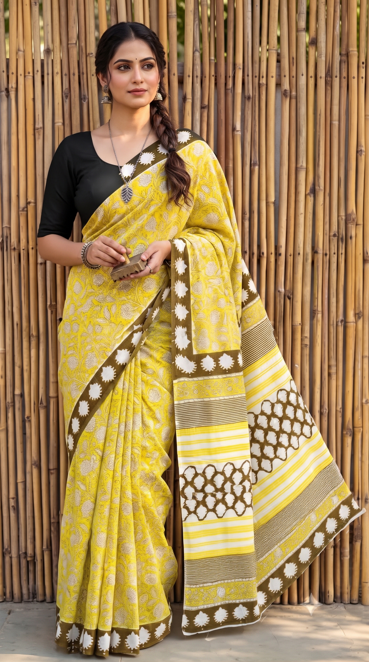 Yellow Brown Handblock Mull Cotton Saree