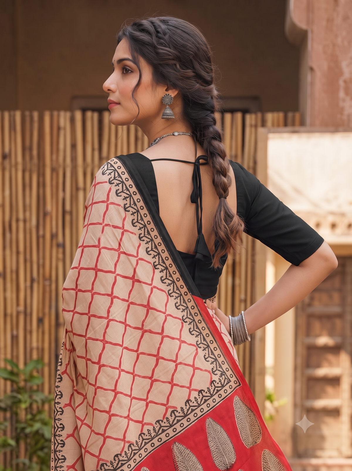 Red Beige Handblock Mull Cotton Saree