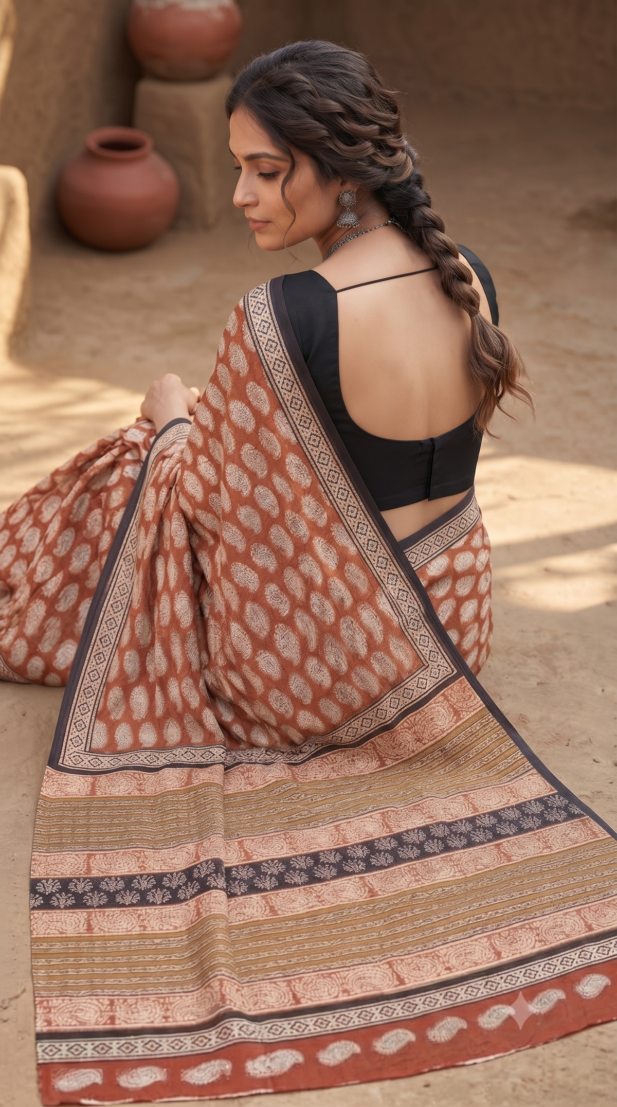 Rust Paisley Mull Cotton Saree