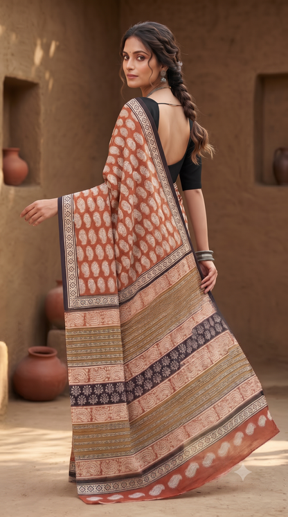 Rust Paisley Mull Cotton Saree