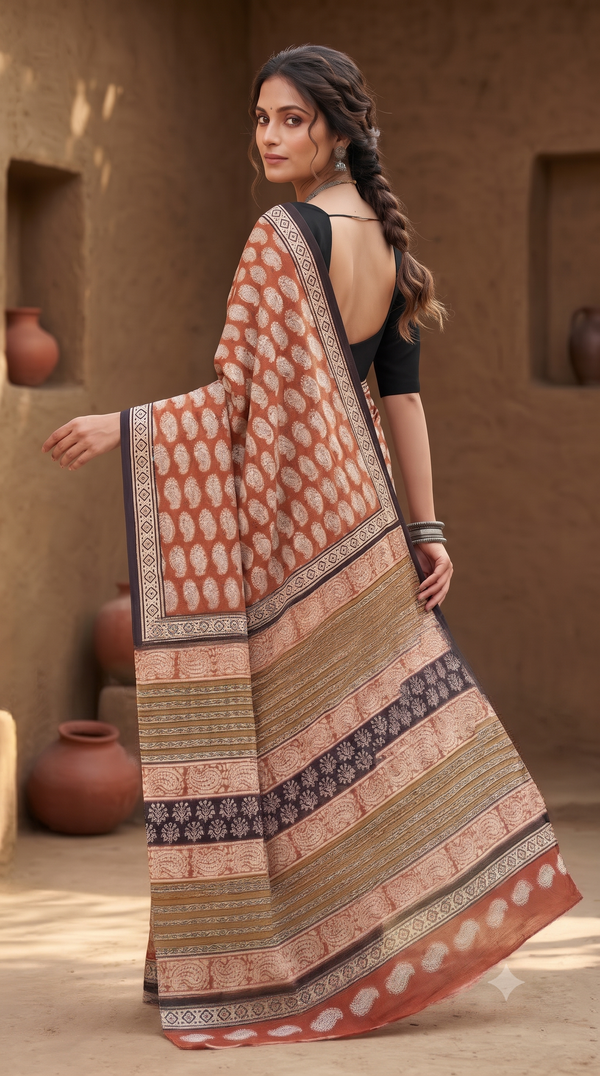 Rust Paisley Mull Cotton Saree