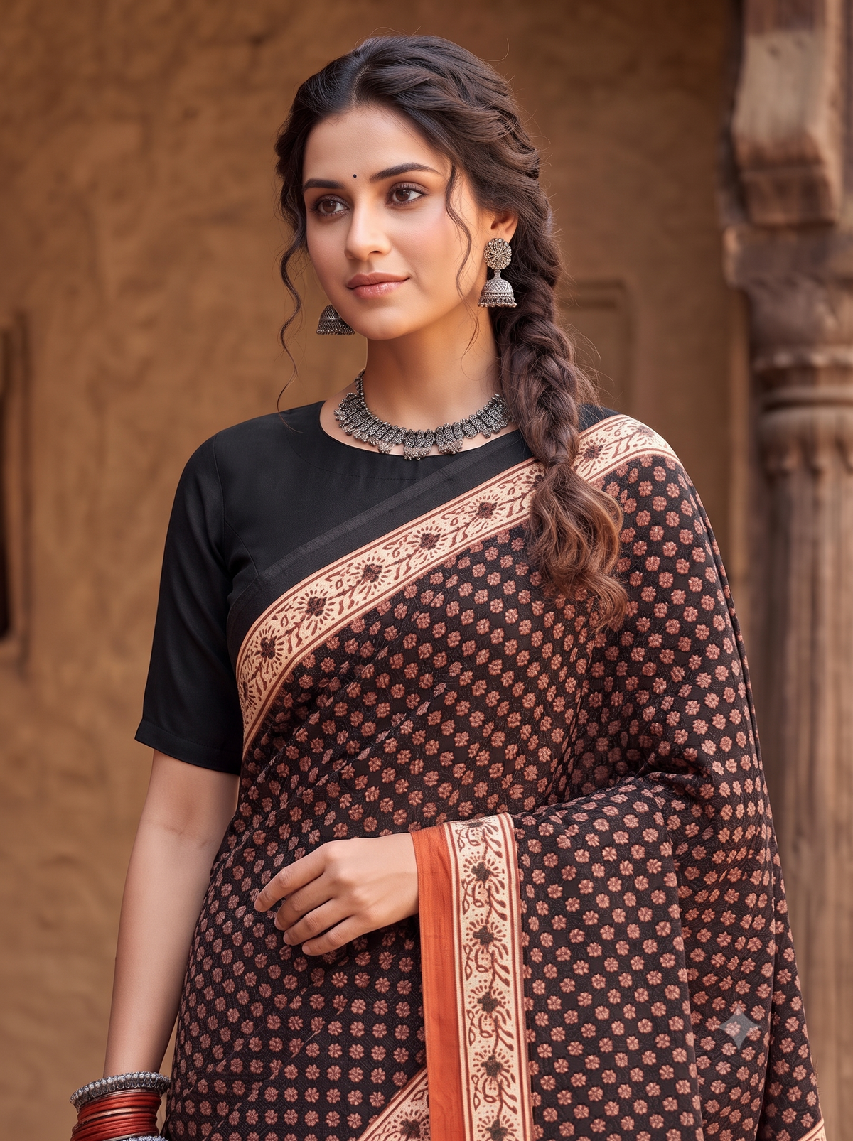 Black Rust Handblock Mull Cotton Saree