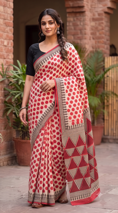 Red Polka Handblock Mull Cotton Saree