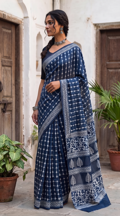 Indigo Leaf Print Mull Cotton Saree