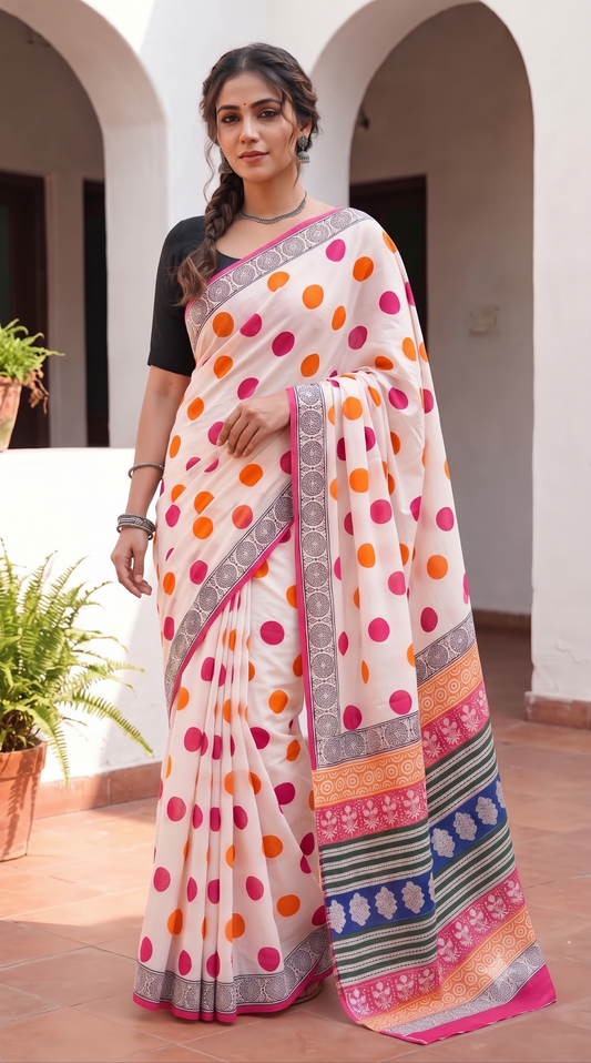 Multicolor Polka Mull Cotton Saree