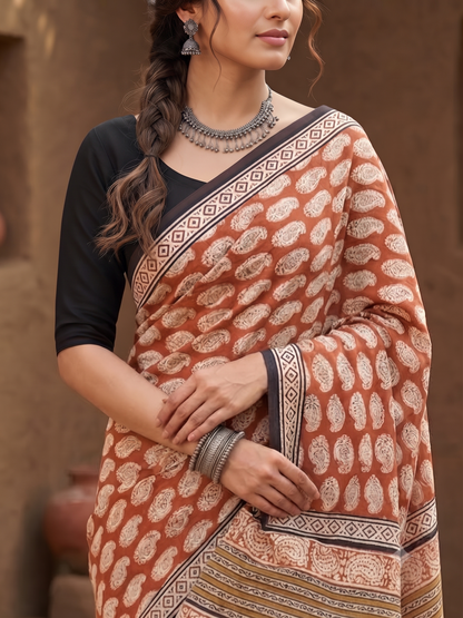 Rust Paisley Mull Cotton Saree