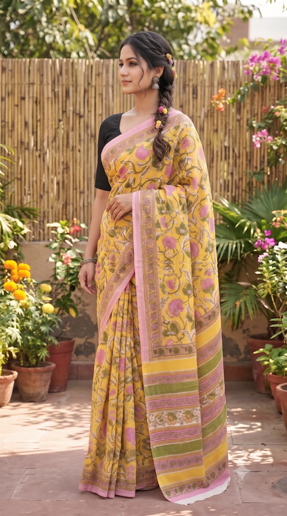 Floral Yellow Mull Cotton Saree