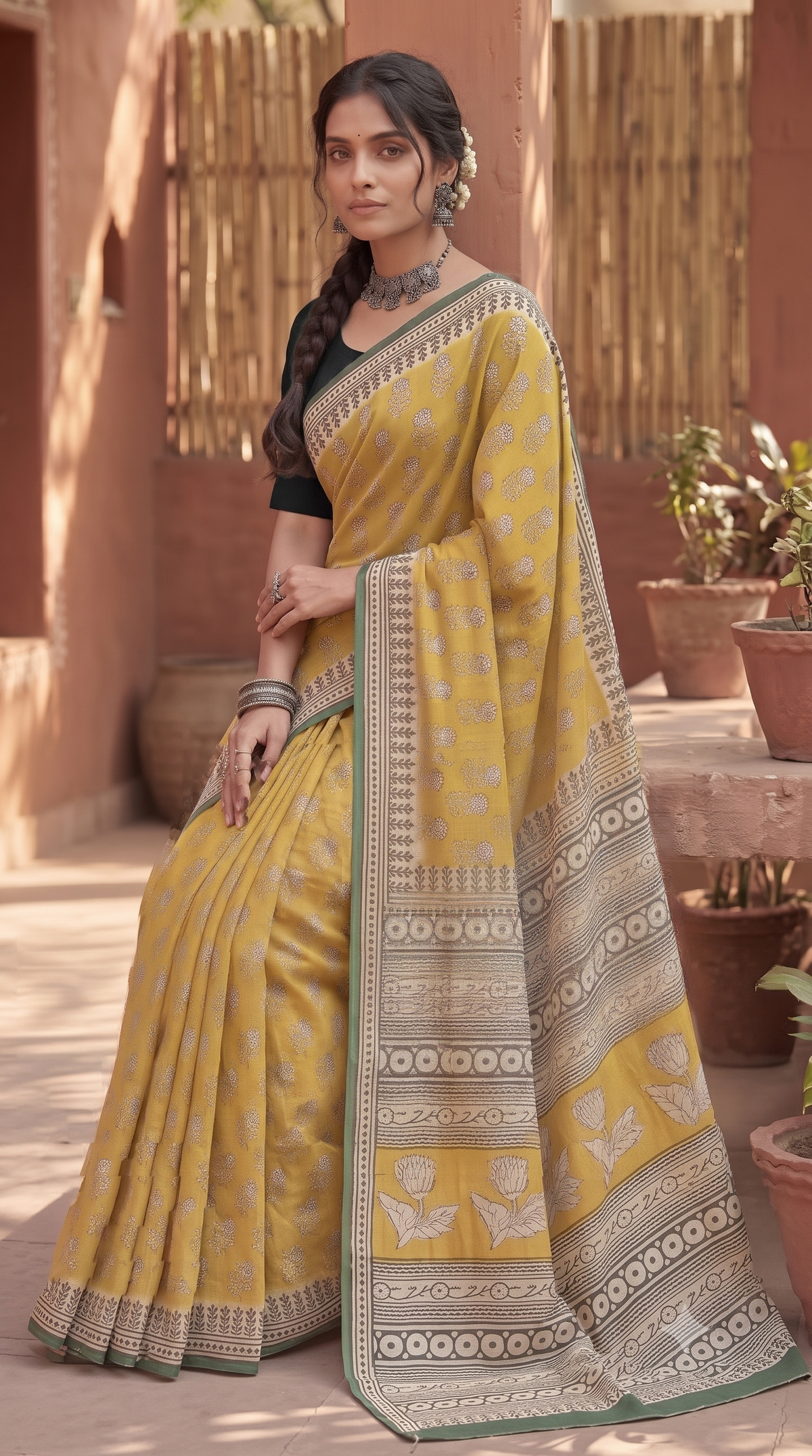 Mustard Green Handblock Mull Cotton Saree