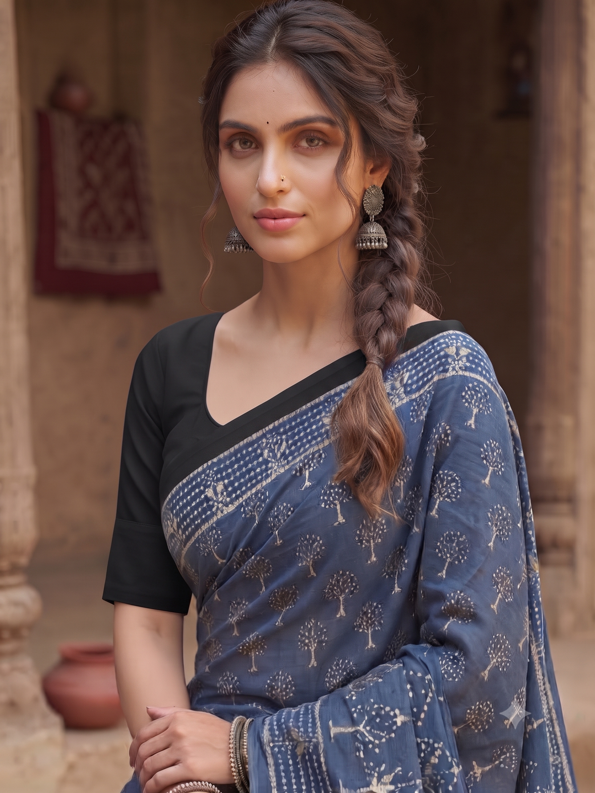 Indigo Flower print Mull Cotton Saree