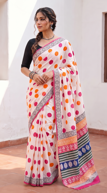 Multicolor Polka Mull Cotton Saree