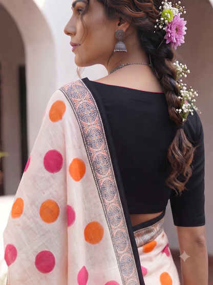 Multicolor Polka Mull Cotton Saree