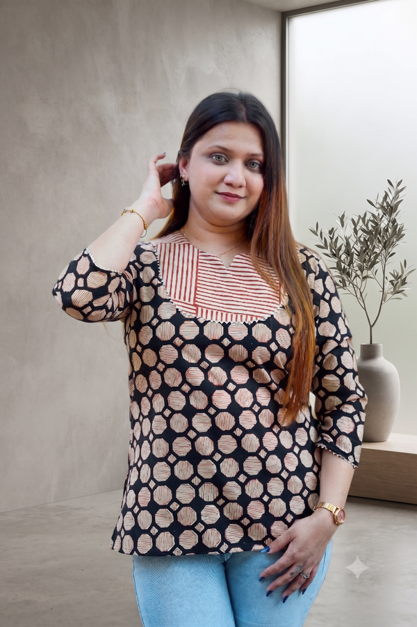 Black Bagru Handblock Printed Cotton Top