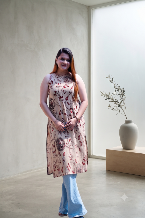 Beige Kalamkari Halterneck Kurti with Hand Embroidery Detailing
