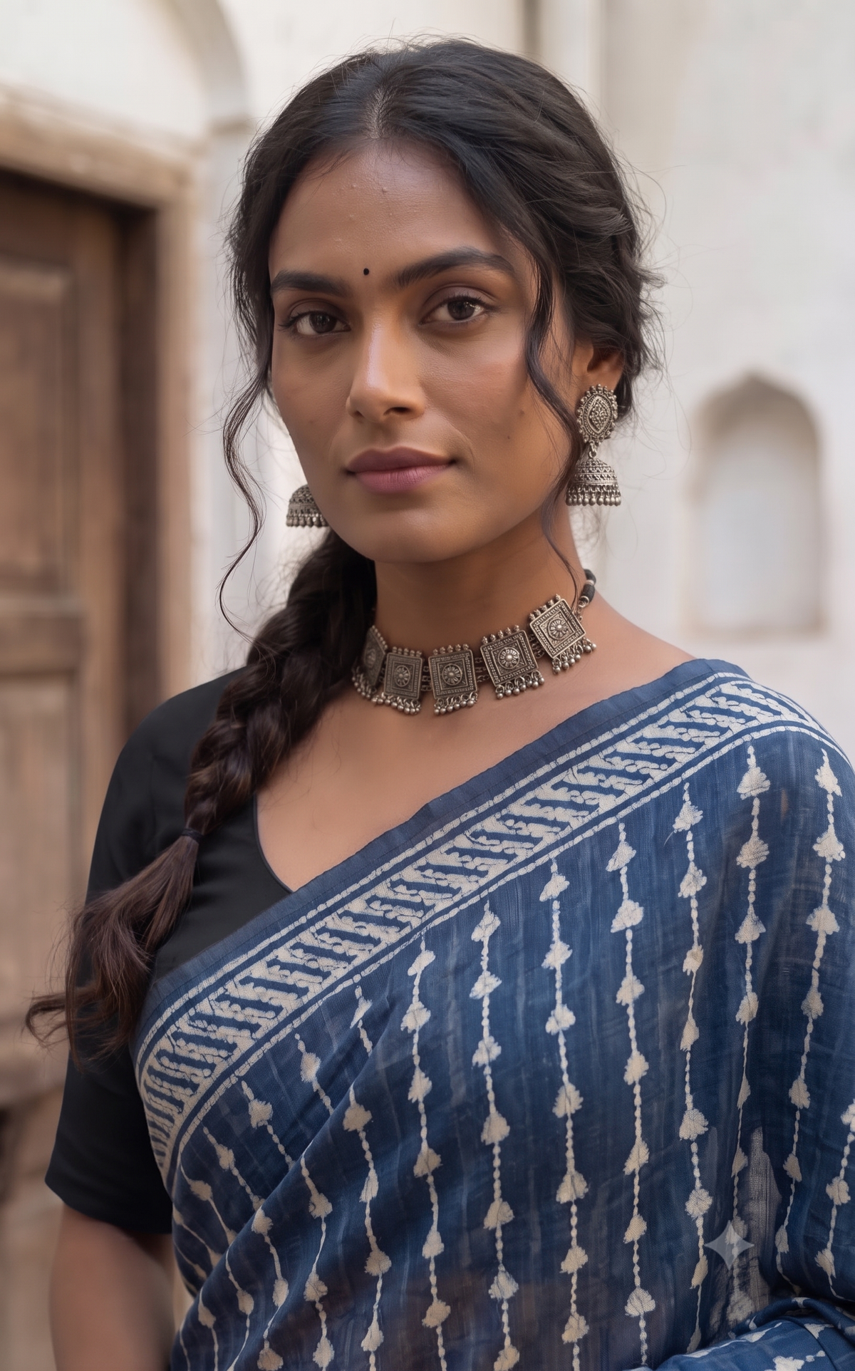 Indigo Leaf Print Mull Cotton Saree