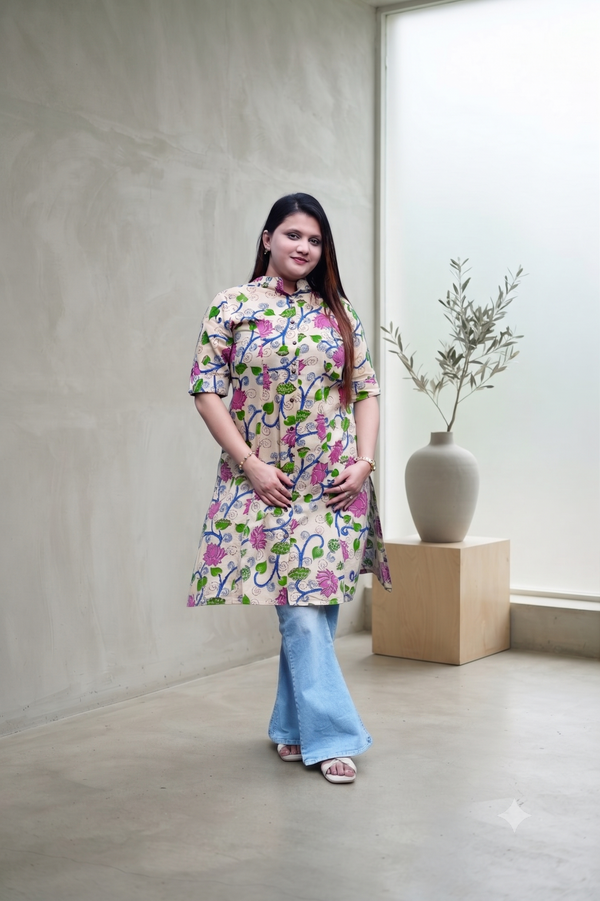 Off White Kalamkari A Line Band Collar Kurti