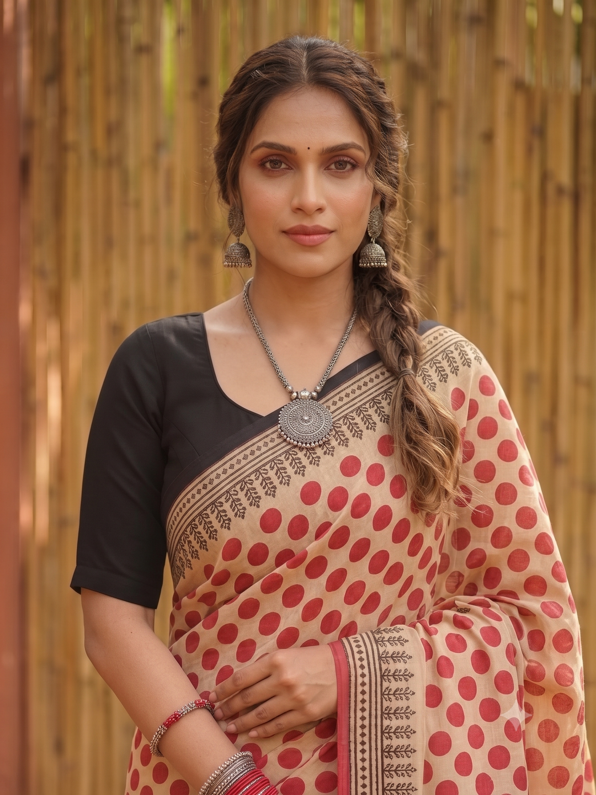 Red Polka Handblock Mull Cotton Saree