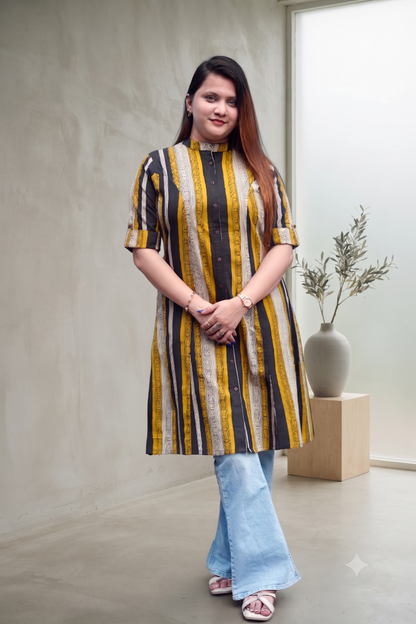 Mustard & Black Striped Bagru Handblock Kurta