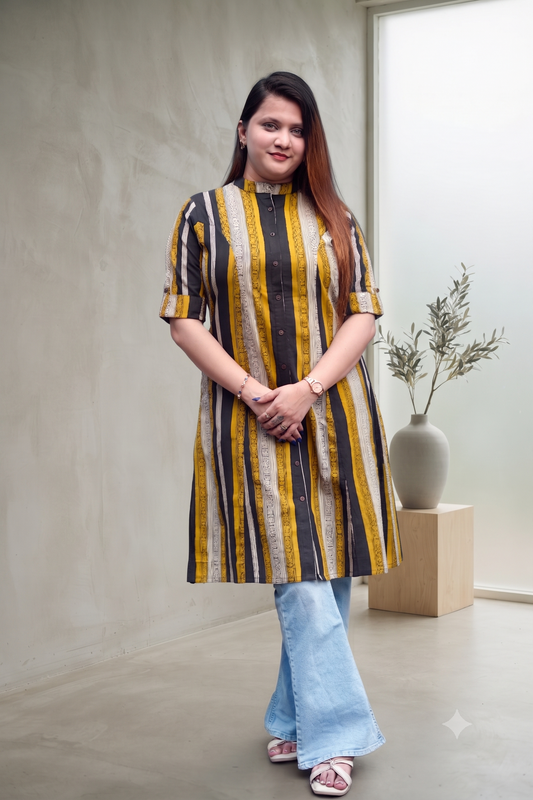 Mustard & Black Striped Bagru Handblock Kurta
