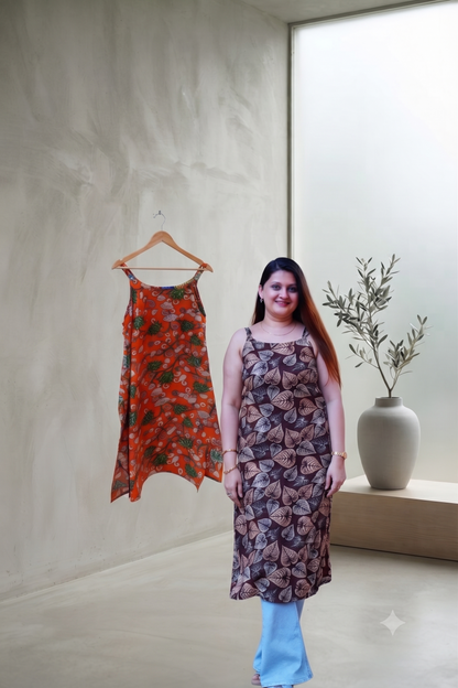 Brown Leaf Kalamkari Handblock Print Spegetti Kurta