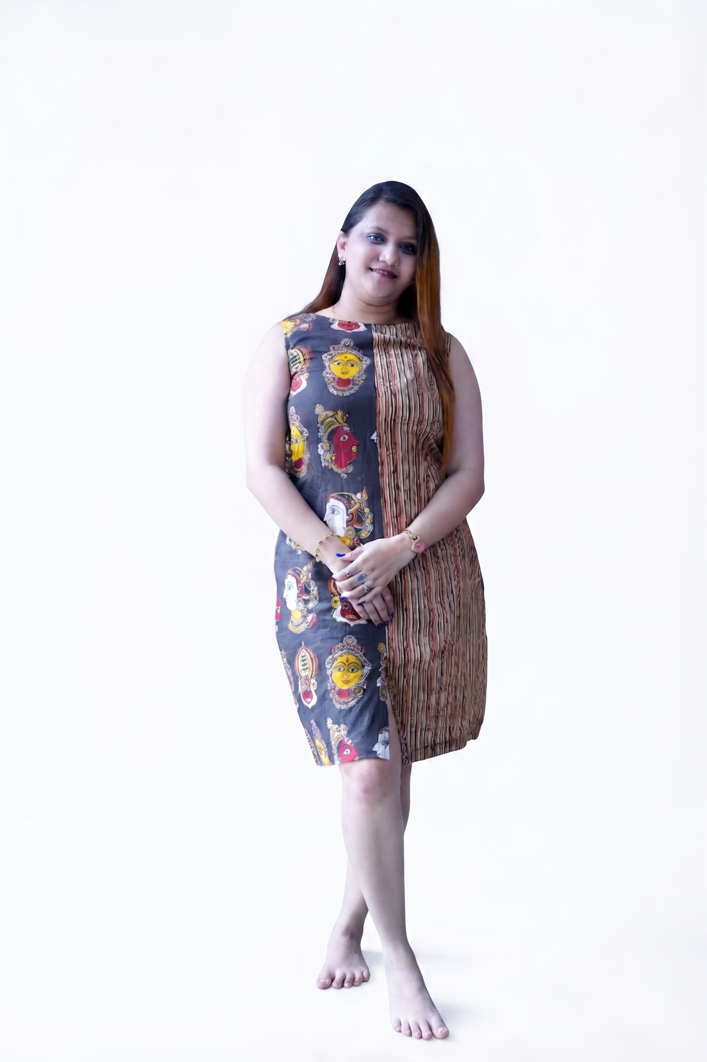 Black Kalamkari Handblock Printed Knee Length Dress