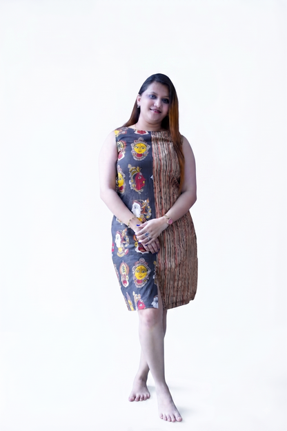Black Kalamkari Handblock Printed Knee Length Dress