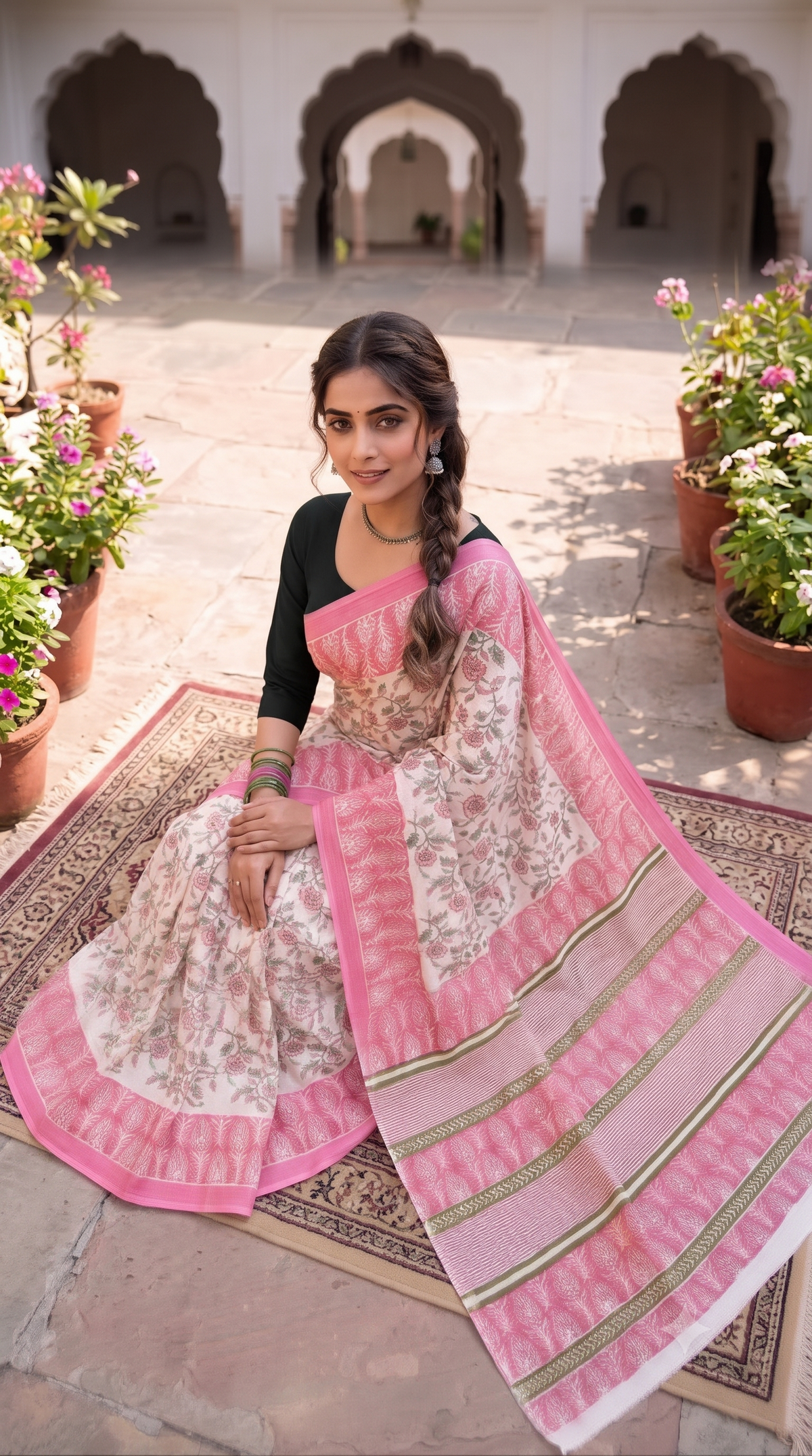 Pink Green Handblock Mull Cotton Saree