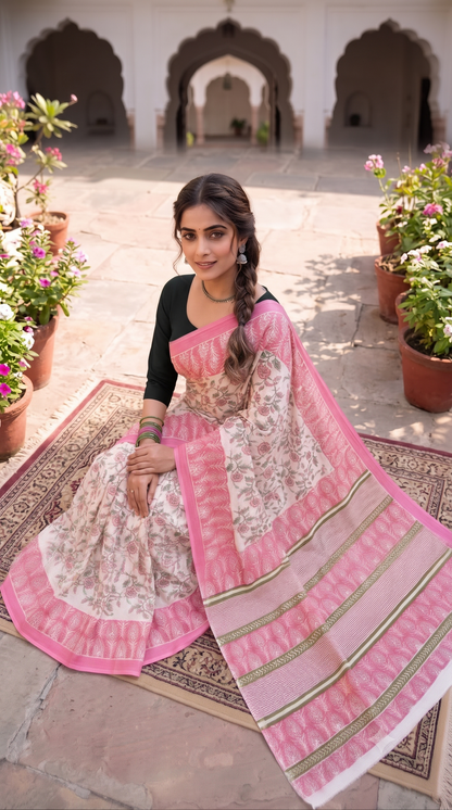 Pink Green Handblock Mull Cotton Saree