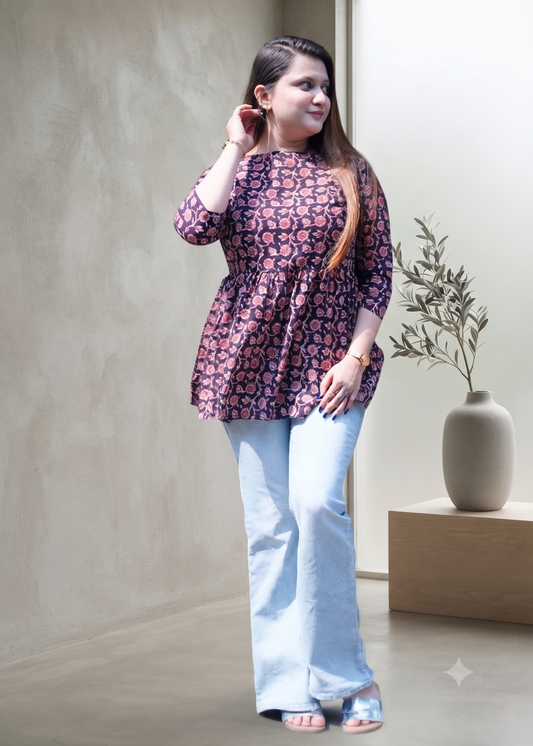 Brown Boat Neck Bagru Short Top