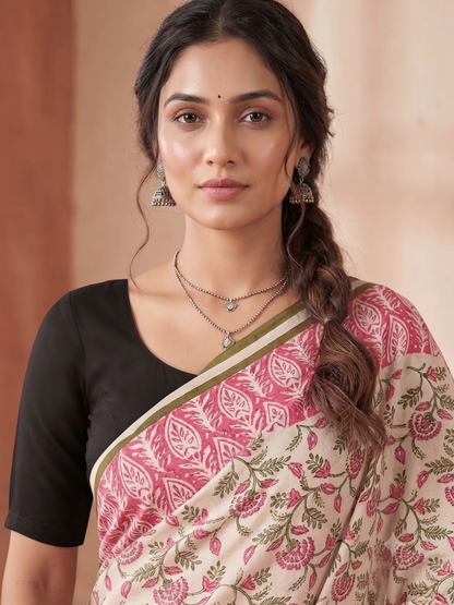 Pink Green Handblock Mull Cotton Saree