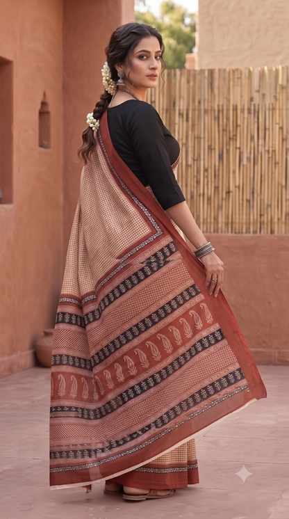 Rust Red Handblock Mull Cotton Saree