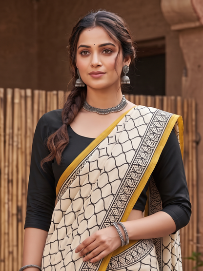 Mustard Handblock Mull Cotton Saree