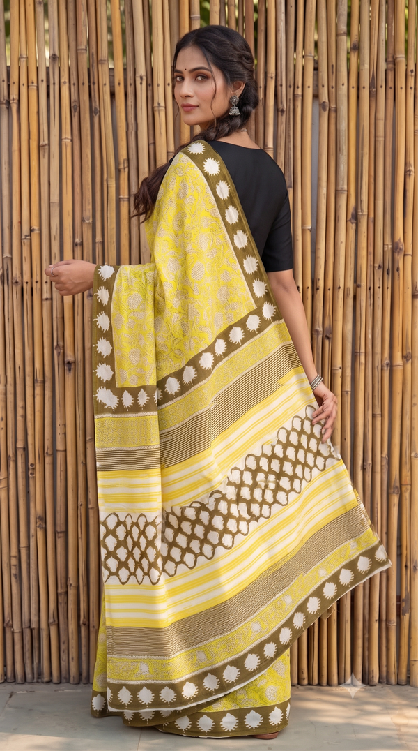 Yellow Brown Handblock Mull Cotton Saree