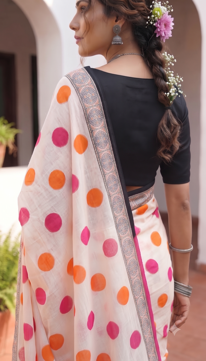 Multicolor Polka Mull Cotton Saree