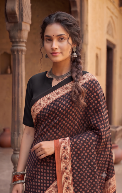 Black Rust Handblock Mull Cotton Saree