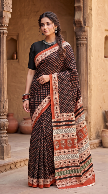 Black Rust Handblock Mull Cotton Saree